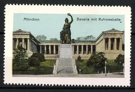 Reklamemarke München, Bavaria mit Ruhmeshalle, Statue der Bavaria