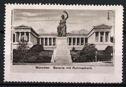 Reklamemarke München, Bavaria mit Ruhmeshalle, Statue der Bavaria