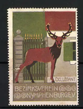 Reklamemarke Nymphenburg, Bezirksverein e.V., Hirsch vor Tor