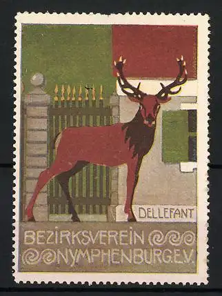 Reklamemarke Nymphenburg, Bezirksverein e.V., Hirsch vor Tor