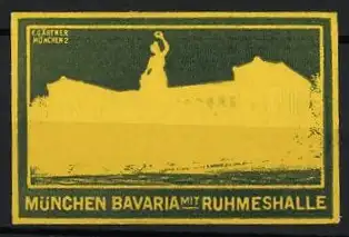 Reklamemarke München, Bavaria mit Ruhmeshalle, Statue und Gebäude im Hintergrund