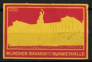 Reklamemarke München, Bavaria mit Ruhmeshalle, Statue und Gebäude