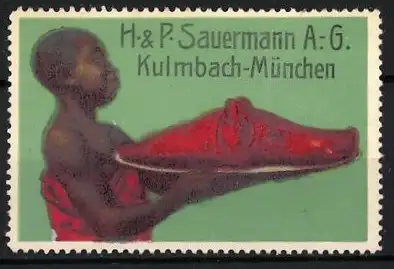 Reklamemarke Kulmbach-München, H. & P. Sauermann A.-G., Afrikaner serviert Schweinekopf