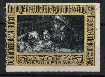 Reklamemarke A & B Schuler G.M.B.H., Geld-Lotterie Krankenpflege 1912, Krankenschwester und Patienten im Bett