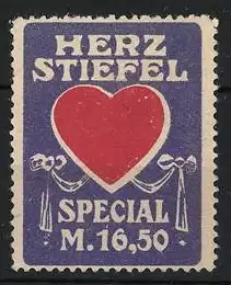 Reklamemarke Herzstiefel Special M.16,50, rotes Herz