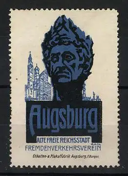 Reklamemarke Augsburg, Alte Freie Reichsstadt, Büste und Stadtsilhouette