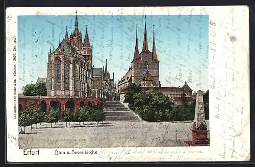 Goldfenster-AK Erfurt, Dom und Severikirche mit Obelisk, leuchtende Fenster u.Türme