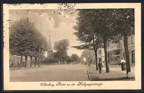 AK Oldenburg i. O., Heiligengeiststrasse mit Geschäft und Kirche