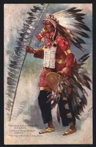 Künstler-AK J. F.: The Song of Hiawatha - Longfellow, Tänzer mit zeremoniellem Federschmuck, First Nation