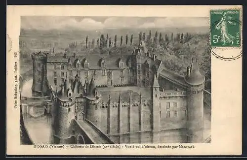 AK Dissais, Château de Dissais, XVe siècle, Vue à vol d`oiseau, dessinée par Merovack