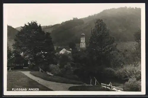 AK Anger, Flussbad mit Blick auf den Kirchturm