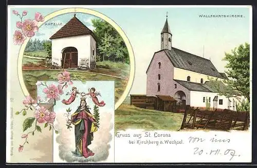 Lithographie St. Corona, Wallfahrtskirche, Kapelle, Hl. Corona und Englein