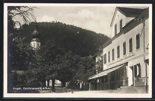 AK Anger, Ortspartie mit Geschäft und Blick zur Kirche