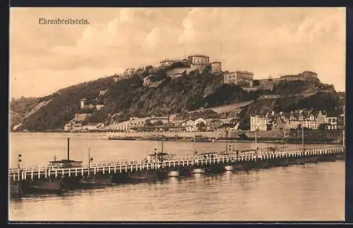 AK Ehrenbreitstein, Flusspartie mit Blick auf die Festung