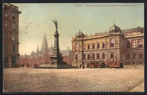 AK Wien, Universität u. Liebenberg-Denkmal, Strassenbahn