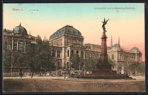 AK Wien, Universität u. Liebenberg-Denkmal, mit Strassenbahn