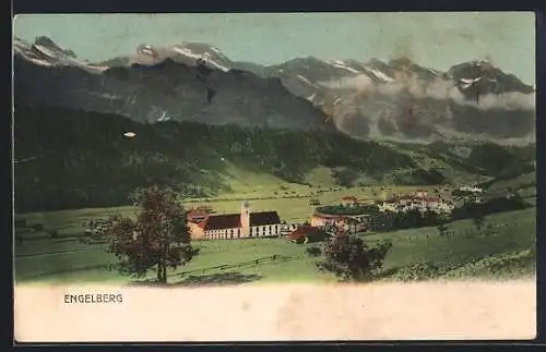 AK Engelberg, Gesamtansicht mit Bergpanorama aus der Vogelschau