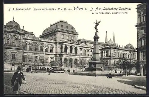 AK Wien, Universität mit Liebenberg-Denkmal und Strassenbahn