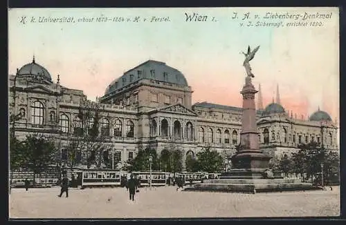 AK Wien, Universität mit Liebenberg-Denkmal, Strassenbahn