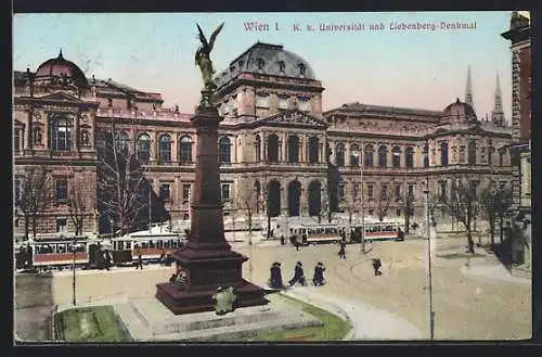 AK Wien, K. k. Universität und Liebenberg-Denkmal, Strassenbahn