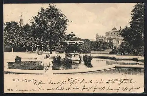 AK Wien, Volksgarten, Brunnen und Hof-Burgtheater