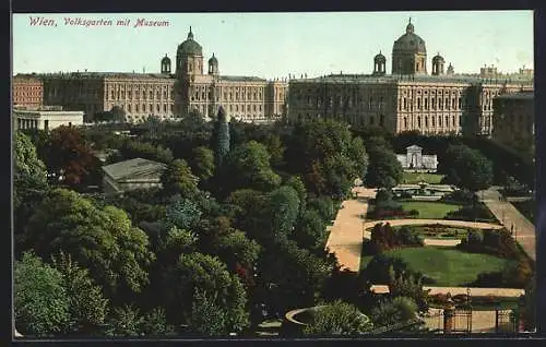 AK Wien, Volksgarten mit Museum aus der Vogelschau