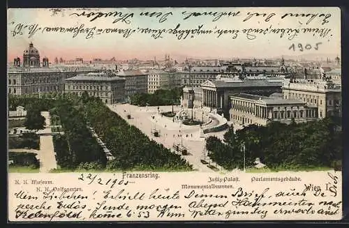 AK Wien, Franzensring mit Monumentalbrunnen aus der Vogelschau