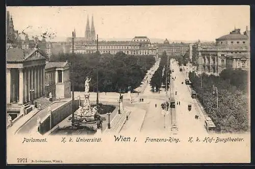 AK Wien, Franzensring mit Parlament, Universität u. Hof-Burgtheater aus der Vogelschau