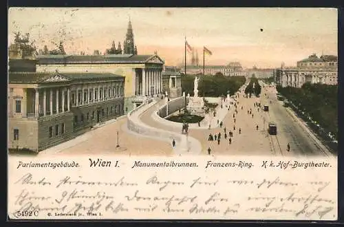AK Wien, Franzens-Ring mit Parlamentsgebäude und Monumentalbrunnen