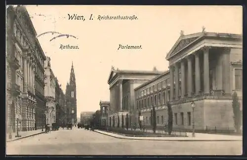 AK Wien, Reichsrathsstrasse mit Rathaus u. Parlament