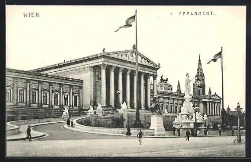 AK Wien, Parlament mit Denkmälern von der Strasse aus