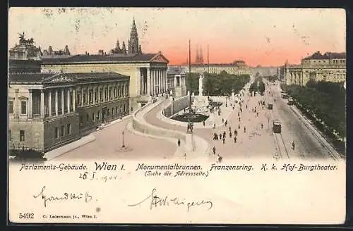 AK Wien, Franzensring mit Parlament, Monumentalbrunnen und Burgtheater