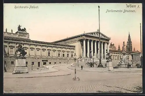 AK Wien, Reichsrats-Palast mit Parlaments-Brunnen