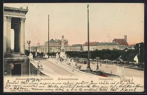 AK Wien, Franzensring mit Parlament, Burgtheater u. Parlamentsbrunnen