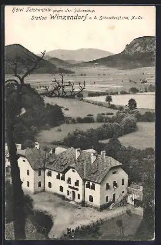 AK Winzendorf a. d. Schneebergbahn, Hotel Teichmühle gegen den Schneeberg