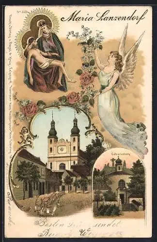 Lithographie Maria Lanzendorf, Calvarienberg, Prozession vor der Kirche, Madonna mit Christus