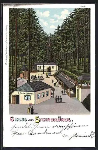 Lithographie Krummnussbaum, Steinbründl, J. Ronners Gasthaus und Kapelle