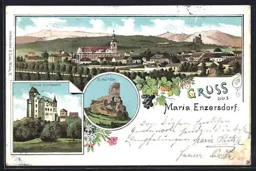 Lithographie Maria Enzersdorf, Schloss Liechtenstein, Teufelshöhe, Panorama mit Kirche