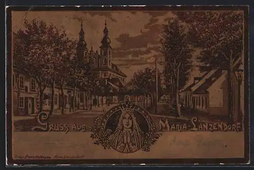 Lithographie Maria-Lanzendorf, Strassenpartie an der Kirche, Madonna mit Krone