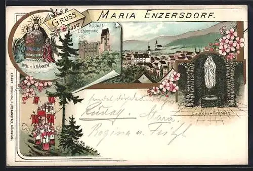 Lithographie Maria Enzersdorf, Schloss Lichtenstein, Heil d. Kranken, Lourdes-Brunnen