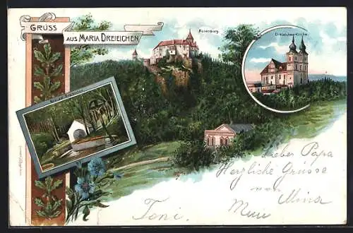 Lithographie Maria Dreieichen, Rosenburg, Bründel Dreieichen, Dreieichen-Kirche