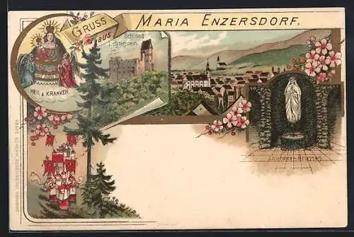Lithographie Maria Enzersdorf, Schloss Lichtenstein, Heil d. Kranken, Lourdes-Brunnen
