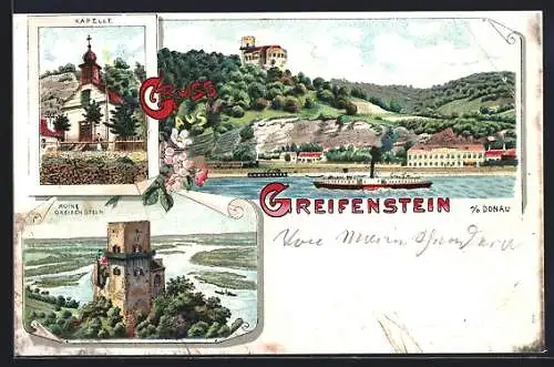 Lithographie Greifenstein /Donau, Kapelle mit Ruine