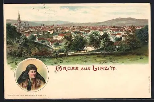 Lithographie Linz a. D., Ortsansicht mit Kirche