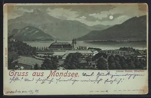 Mondschein-Lithographie Mondsee, Ortsansicht mit See und Bergpanorama