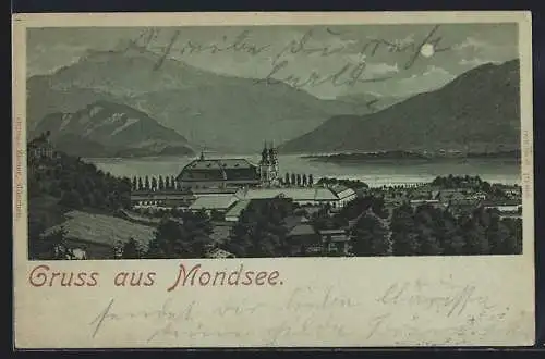 Mondschein-Lithographie Mondsee, Ortsansicht mit Bergpanorama