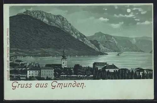 Mondschein-Lithographie Gmunden, Teilansicht mit Bergpanorama und See