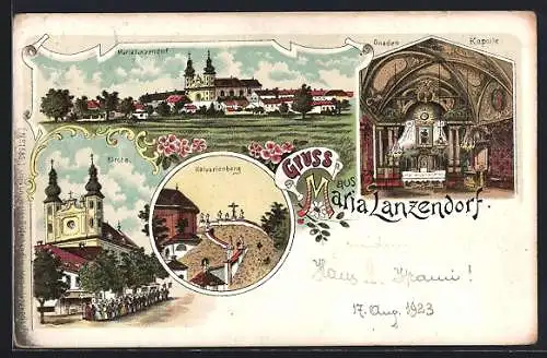 Lithographie Maria Lanzendorf, Wallfahrtskirche, Gnadenkapelle, Kalvarienberg, Ortsansicht