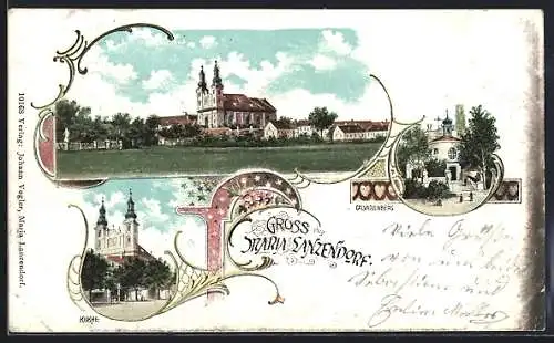 Lithographie Maria Lanzendorf, Ortsansicht mit Blick zur Kirche, Calvarienberg