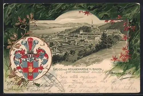 Lithographie Heiligenkreuz b. Baden, Stift Heiligenkreuz, Passepartout mit Wappen